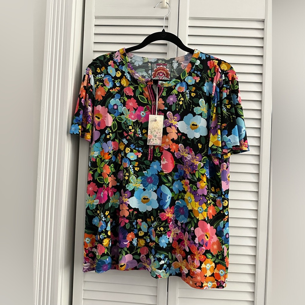 Johnny Was Wild Bloom Flutter Sleeve Henley Tee NWT